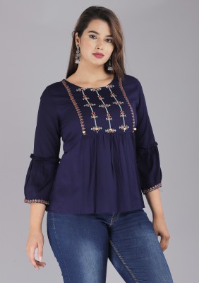 Roopwati Fashion Casual Embroidered Women Blue Top