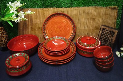 caffeine Pack of 15 Ceramic Handmade Red Green Tribal Dinner Set Dinner Set(Red, Green, Microwave Safe)
