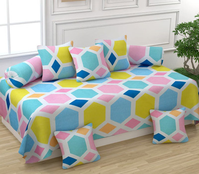 CASTIQA Polycotton Geometric Diwan Set(Multicolor)