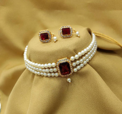 CHARBHUJA Alloy Gold-plated Maroon Jewellery Set(Pack of 1)