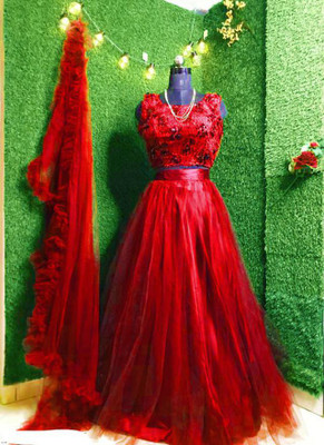 PMD Fashion Self Design Semi Stitched Lehenga Choli(Red)