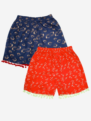 KiddoPanti Short For Girls Casual Printed Viscose Rayon(Dark Blue, Pack of 2)