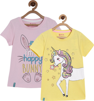 3Pin Girls Typography Cotton Blend Regular T Shirt(Multicolor, Pack of 2)