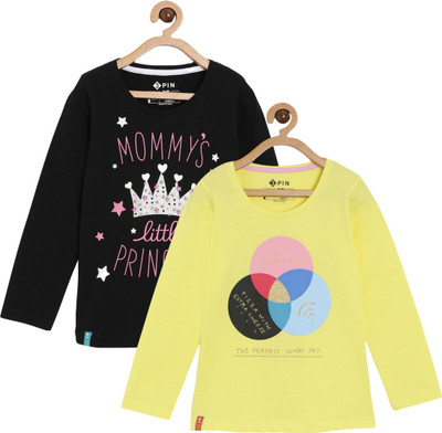 3Pin Girls Graphic Print Cotton Blend Regular T Shirt(Multicolor, Pack of 2)
