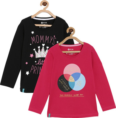 3Pin Girls Graphic Print Cotton Blend Regular T Shirt(Multicolor, Pack of 2)