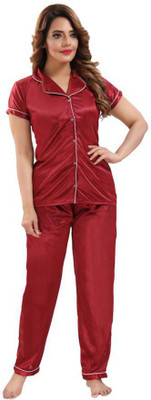 Womenoire Women Solid Maroon Shirt & Pyjama set