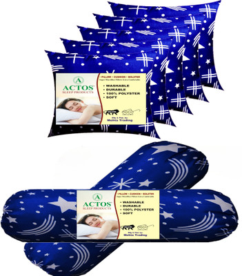 ACTOS Star print Combo Set Of 5 Cushion And 2 bolster Microfibre Nature Bolster Pack of 7(Blue)