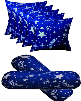 ACTOS Star print Combo Set Of 5 Cushion And 2 bolster Microfibre Nature Bolster Pack of 7(Blue)