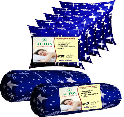 ACTOS Star print Combo Set Of 5 Cushion And 2 bolster Microfibre Nature Bolster Pack of 7(Blue)