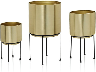 inshreys Set of 3 Mid Century Brass Gold Large Planters with Black Metal Stand Plant Container Set(Pack of 3, Metal)