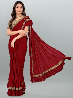 HEELENTERPRISE Solid/Plain Bollywood Lycra Blend Saree(Red)