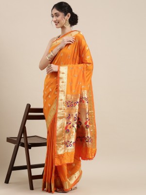 PANZORA Woven Banarasi Cotton Blend Saree(Orange)