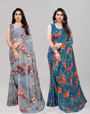 SIRIL Floral Print Daily Wear Georgette Saree(Pack of 2, Blue, Grey)