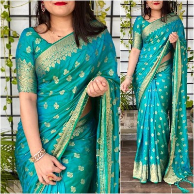 Amrut Collection Woven Banarasi Silk Blend Saree(Blue)