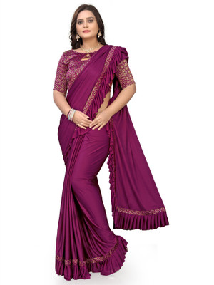 PANETAR Solid/Plain Bollywood Lycra Blend Saree(Purple)