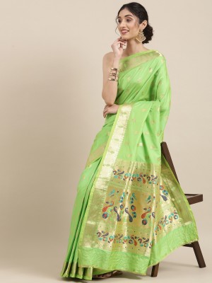 PANZORA Woven Banarasi Cotton Blend Saree(Light Green)