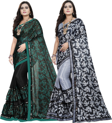 Freydis Floral Print Bollywood Lycra Blend Saree(Pack of 2, Green, Grey)