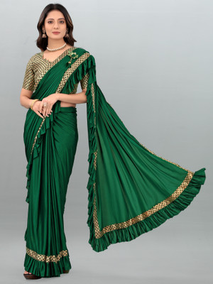 HEELENTERPRISE Solid/Plain Bollywood Lycra Blend Saree(Green)