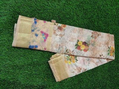 Rati creation Digital Print Banarasi Silk Blend Saree(Cream)