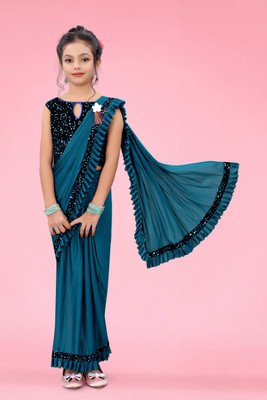 Shrithi Fashion Fab Solid/Plain Bollywood Lycra Blend Saree(Dark Blue)