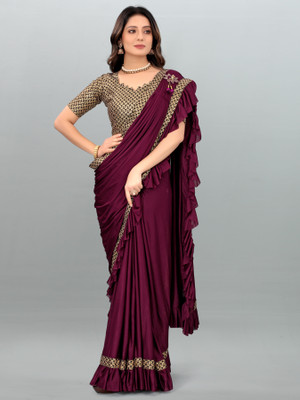 HEELENTERPRISE Solid/Plain Bollywood Lycra Blend Saree(Purple)