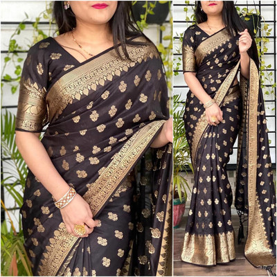 Amrut Collection Woven Banarasi Silk Blend Saree(Black)