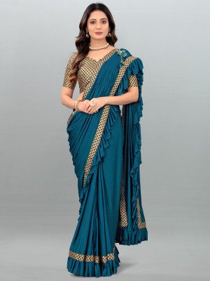 HEELENTERPRISE Solid/Plain Bollywood Lycra Blend Saree(Dark Blue)