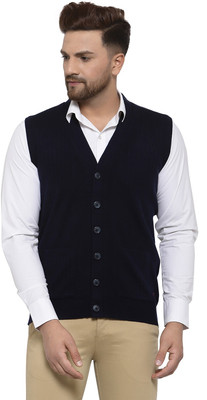 513 Solid V Neck Casual Men Dark Blue Sweater