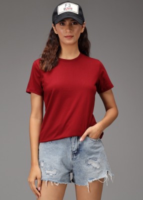 deslizar Solid Women Round Neck Maroon T-Shirt