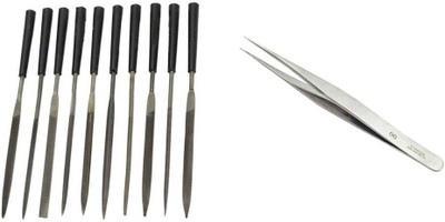 TOOLBUX Pack of 2 Items : 10 Pc Needle File Set and Tweezer