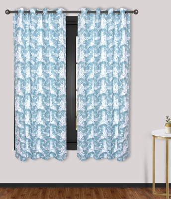 Dekor World 150 cm (5 ft) Cotton Semi Transparent Window Curtain (Pack Of 2)(Floral, Aqua)