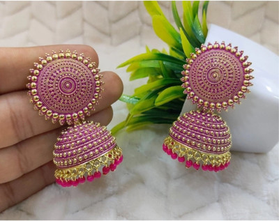 RUBI COLLECTIONS Rubi Collections Partywear Golden Jhumka Earrings for girls & women(pink color) Alloy Jhumki Earring