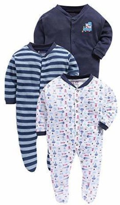 MM IMPEX Romper For Baby Boys & Baby Girls Striped, Printed, Solid Cotton Blend(Blue, Pack of 3)