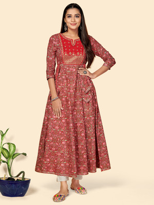 VBUYZ Women Floral Print Anarkali Kurta(Red)
