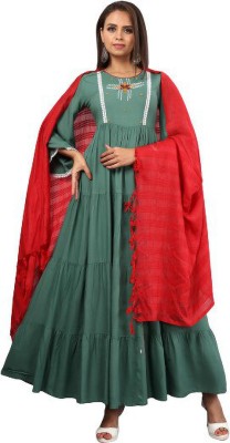 Bhavna Textiles Women Embroidered Flared Kurta(Green)