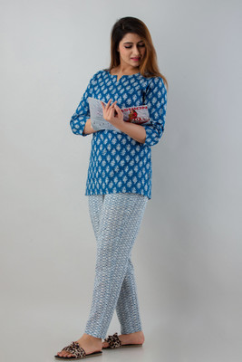 Sanyukt Women Printed Blue Top & Pyjama Set