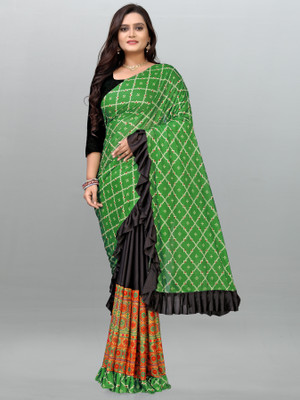 PANETAR Digital Print Bandhani Lycra Blend Saree(Green)
