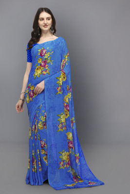 Anand Sarees Printed, Floral Print Daily Wear Georgette Saree(Blue)