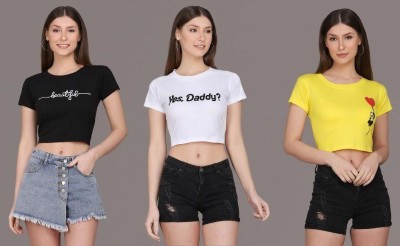 Baawdi Self Design Women Round Neck White, Black, Yellow T-Shirt