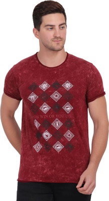 Selfusion Abstract Men Round Neck Maroon T-Shirt