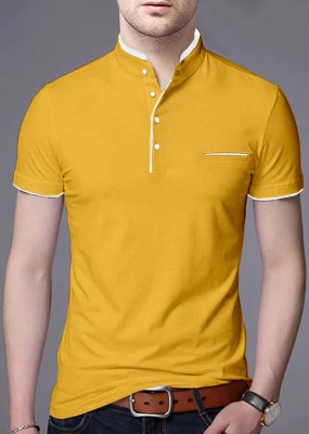 AUSK Solid Men Mandarin Collar Yellow T-Shirt