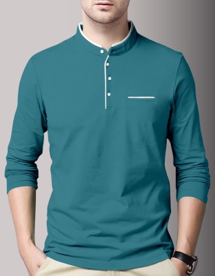 AUSK Solid Men Mandarin Collar Light Blue T-Shirt