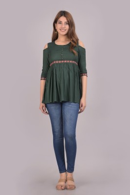 SANTOLIYA Casual Embroidered Women Green Top