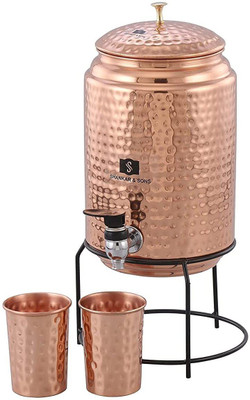 SHANKAR & SONS 5 Litre Copper Hammered Water Dispenser Matka with 2 Glass and Stand 5000 ml Bottom Loading Water Dispenser