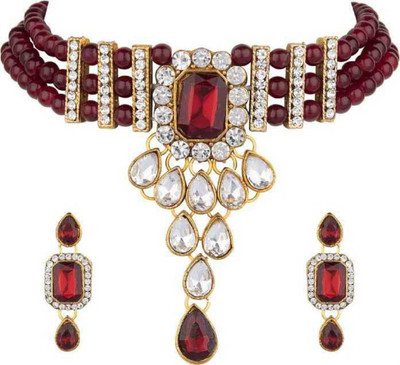 Ratmanee Alloy Silver Maroon Jewellery Set(Pack of 1)
