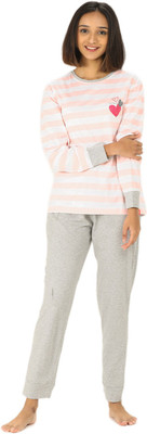 Evolove Women Printed Grey Top & Pyjama Set