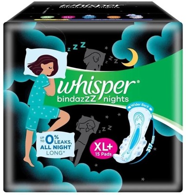 Whisper Bindazzz Nights Sanitary Pads, Xl+ Pack of 15 Napkin Sanitary Pad