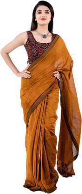 sourav biswas Solid/Plain Handloom Pure Cotton Saree(Yellow)