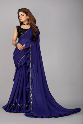 Mitiv Solid/Plain Jamdani Georgette Saree(Dark Blue)