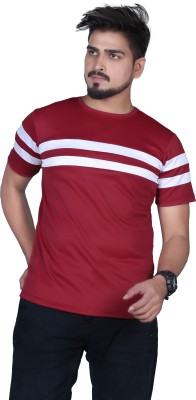 Anidhi Striped Men Round Neck Maroon T-Shirt